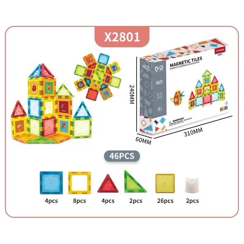 46 PCS Magnetic Tiles Kids stem Building Toy Preschool Learning Blocks Construction Magnet Gift Toddler Aged 3+