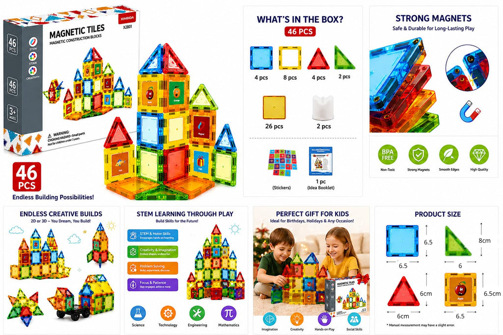 46 PCS Magnetic Tiles Kids stem Building Toy Preschool Learning Blocks Construction Magnet Gift Toddler Aged 3+